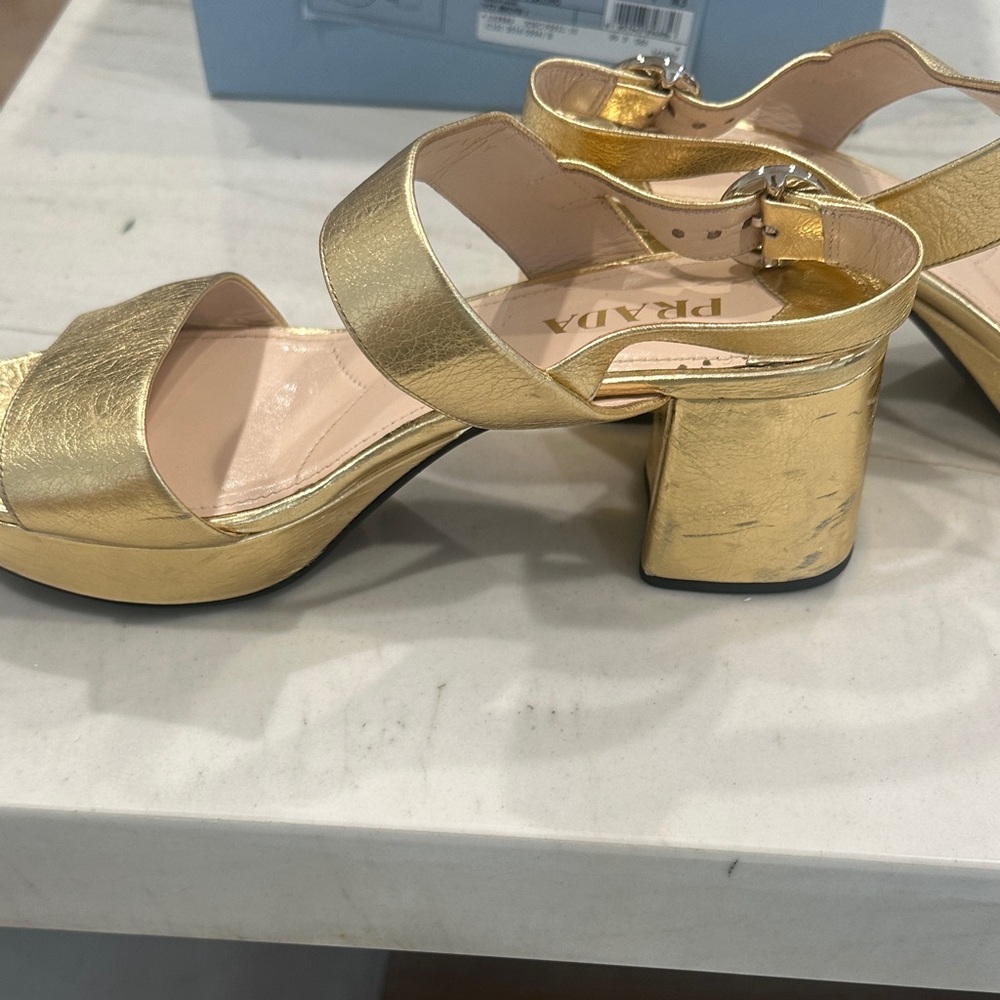 Prada Gold Block Heel Sandals - Picture 10 of 11